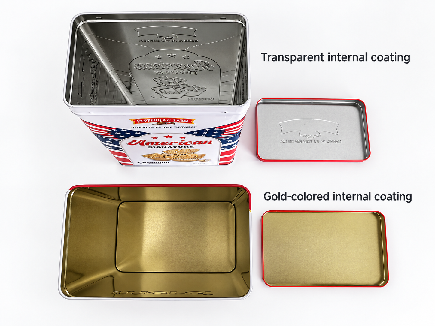 Comparison of transparent and gold-colored internal coatings for tin packaging