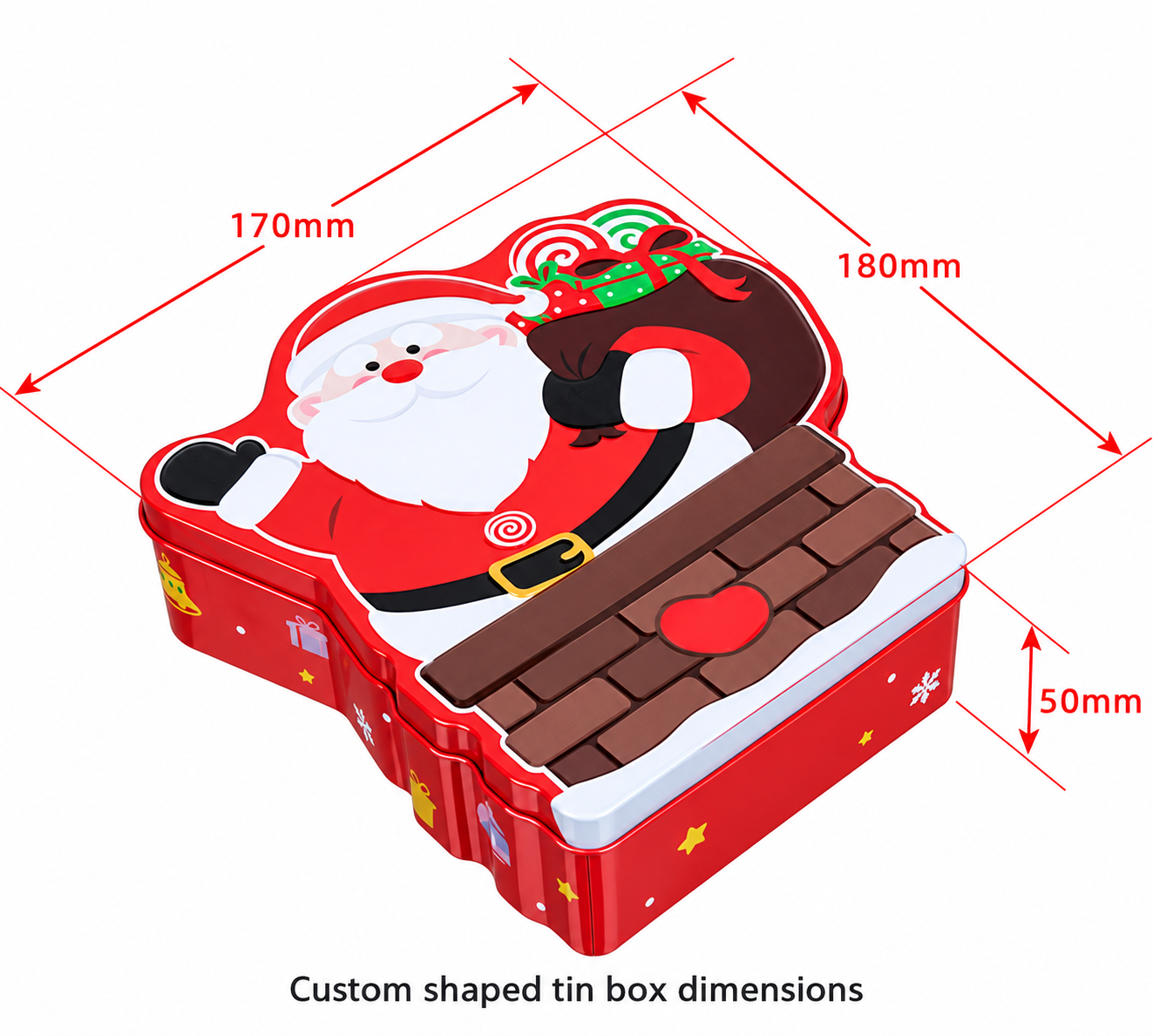Custom-shaped tin box with length, width, and height dimensions marked