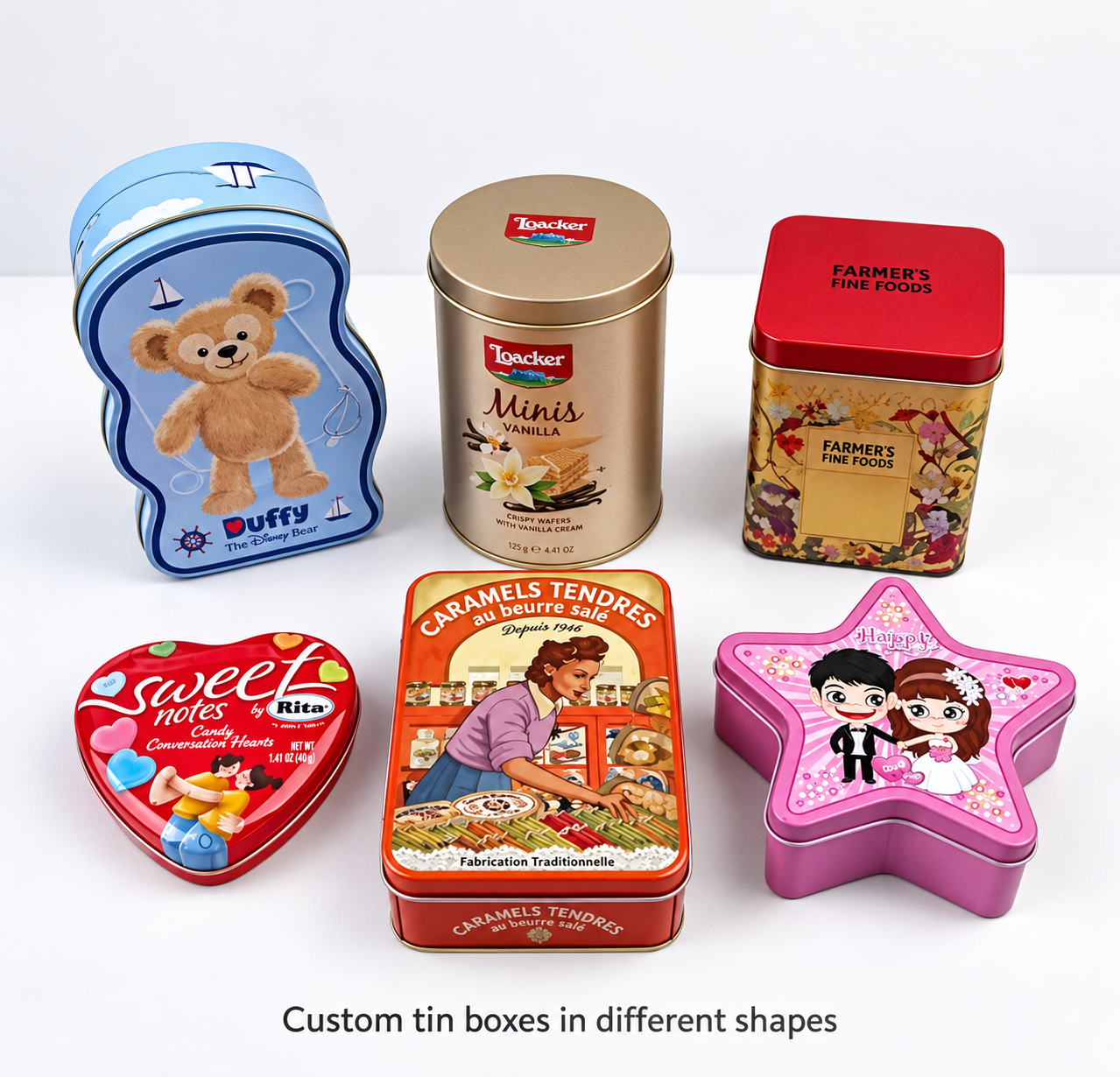 Round, rectangular, square, and custom-shaped tin boxes