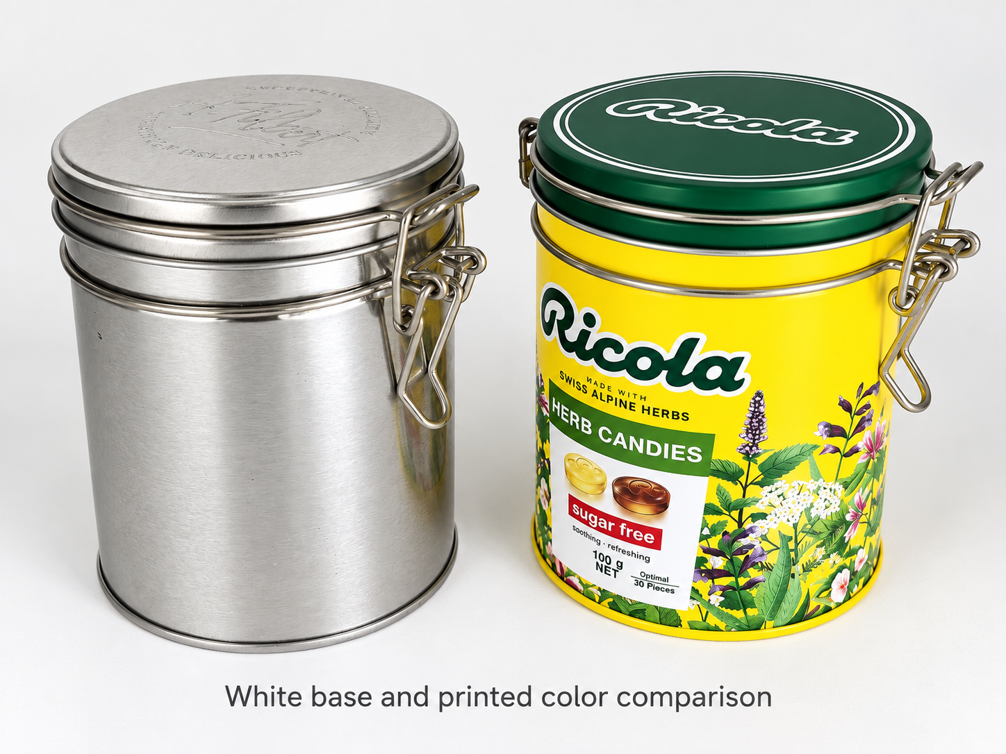 Plain metal surface compared with printed color on a tin box