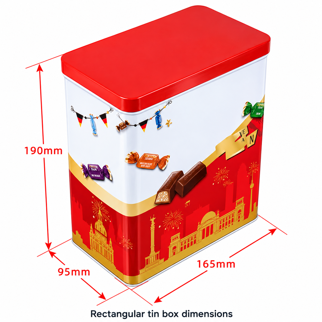 Rectangular tin box with length, width, and height dimensions marked