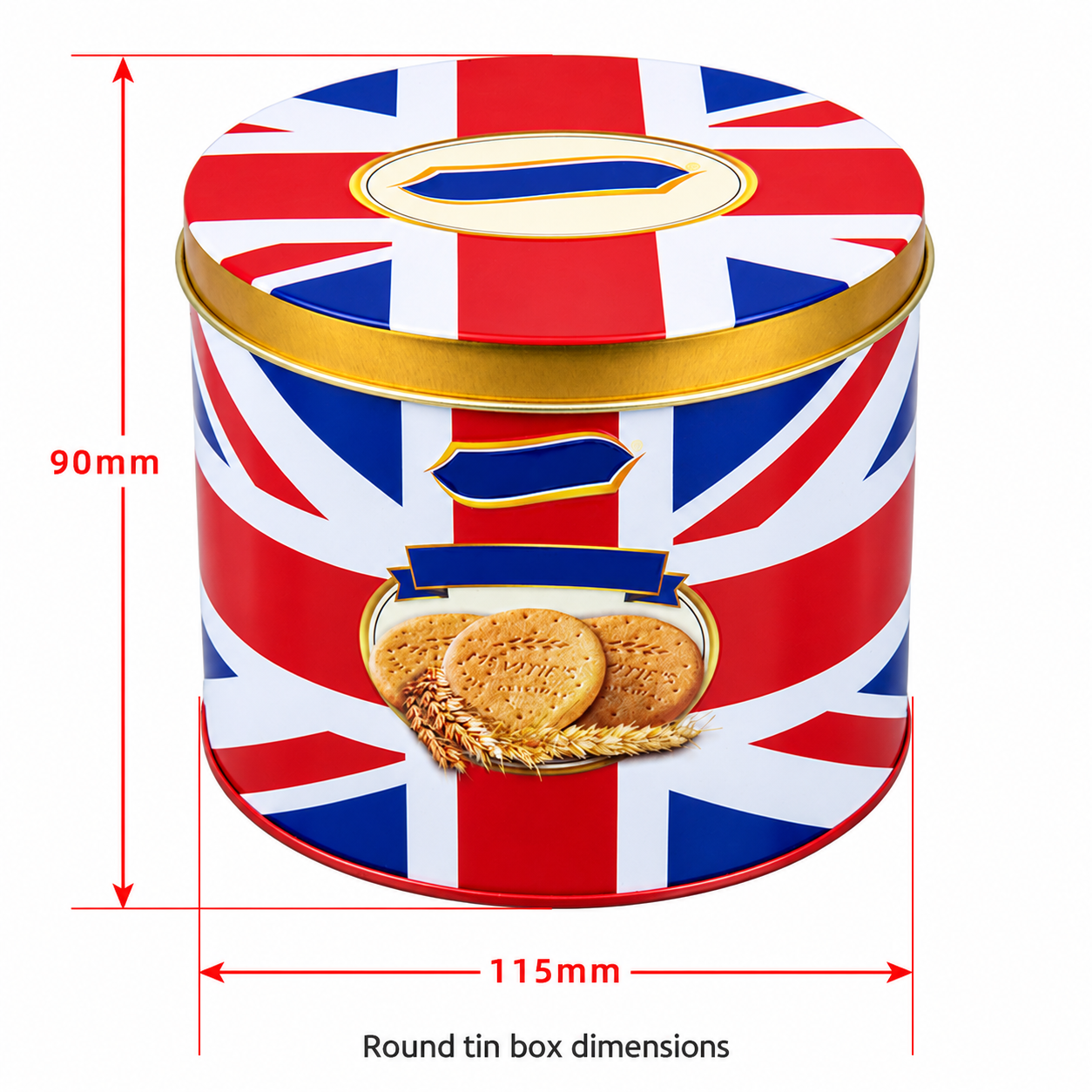 Round tin box with diameter and height dimensions marked