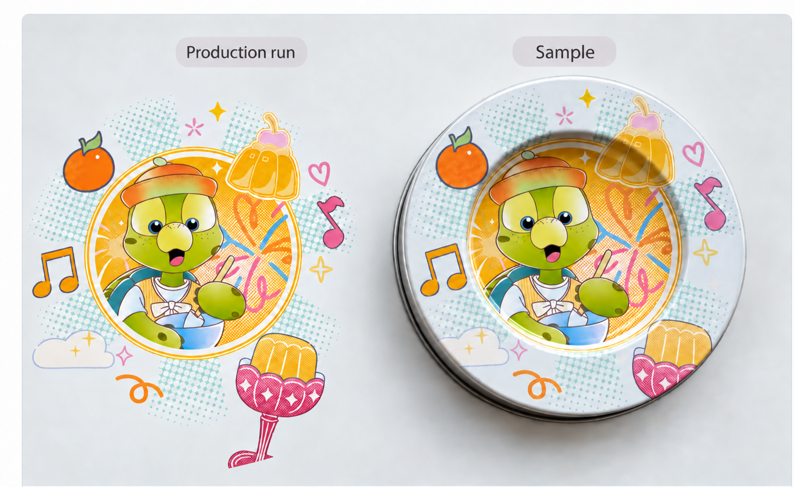 Comparison between a tin box sample and mass production