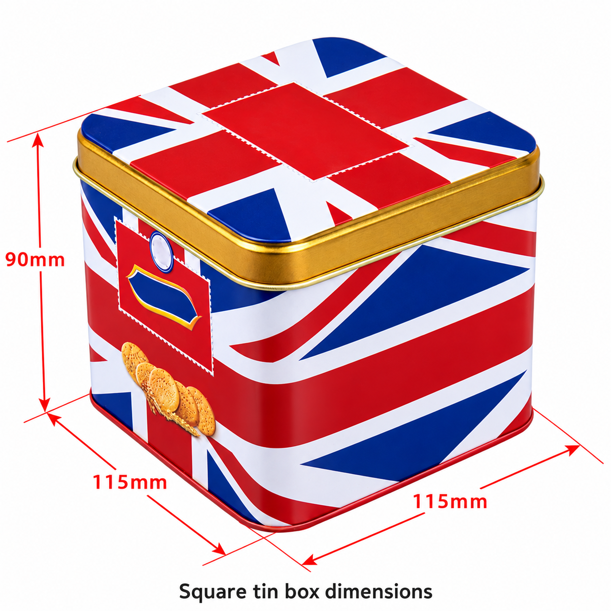 Square tin box with dimensions marked