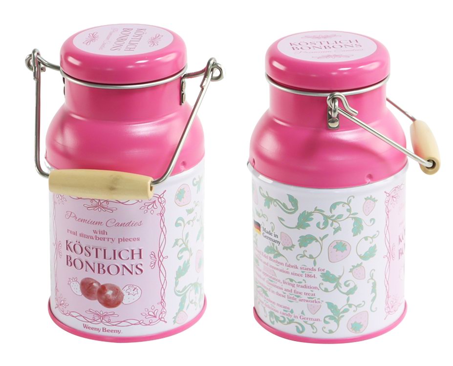 pink milk can shaped chocolate and candy gift tin