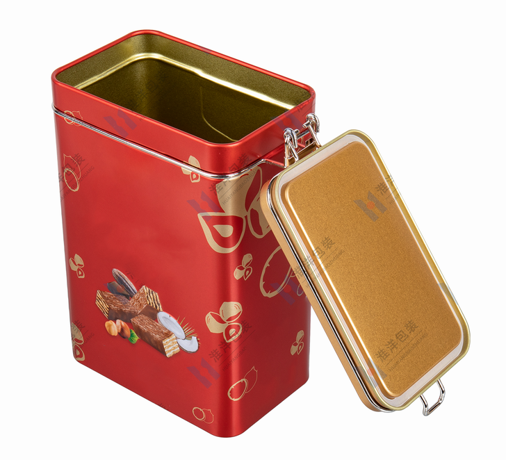 tall rectangular chocolate tin with hinged lid