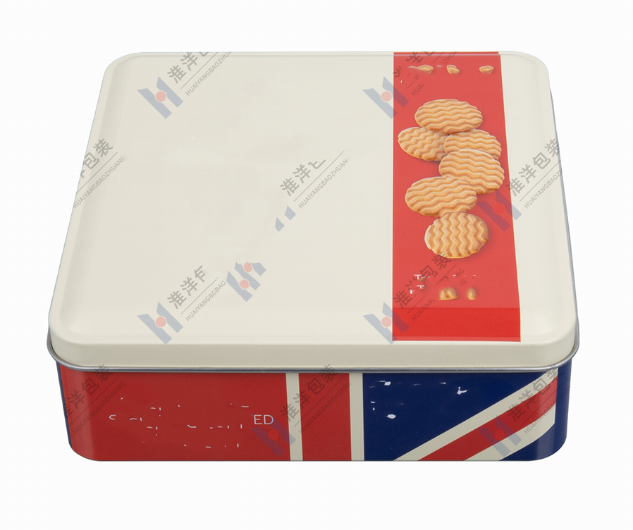 square printed cookie tin with biscuit artwork