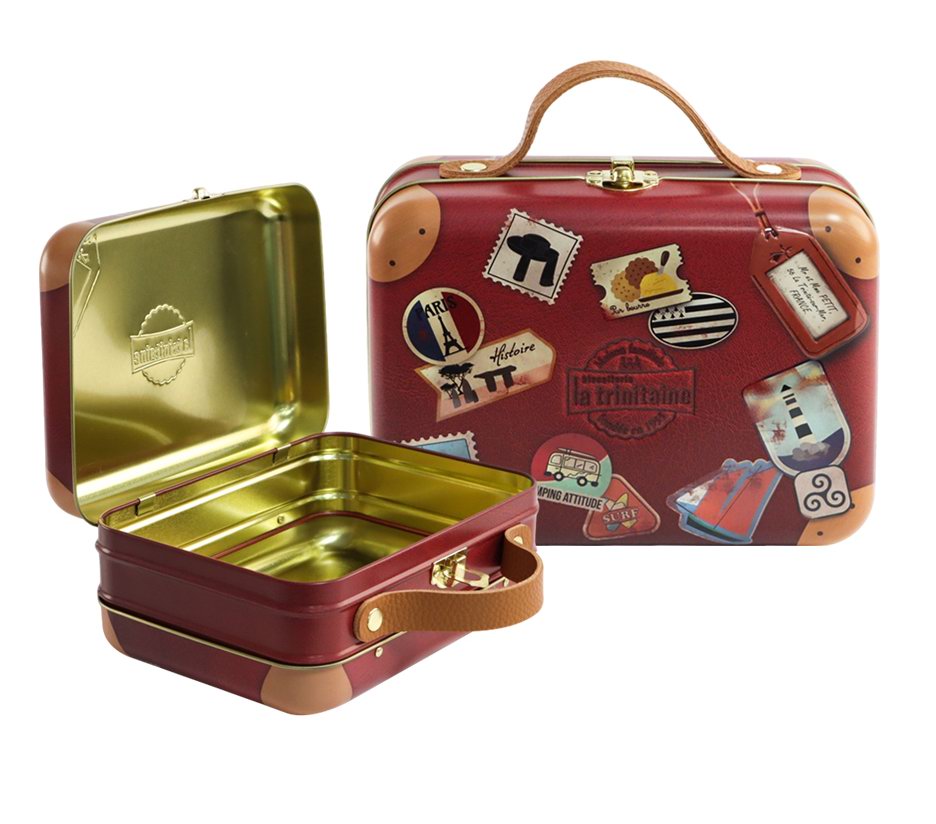 suitcase style cookie gift tin with handle