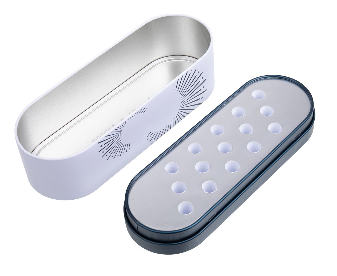 custom oval hinged tin with insert tray