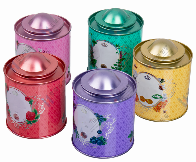colorful round tea tins for retail tea packaging