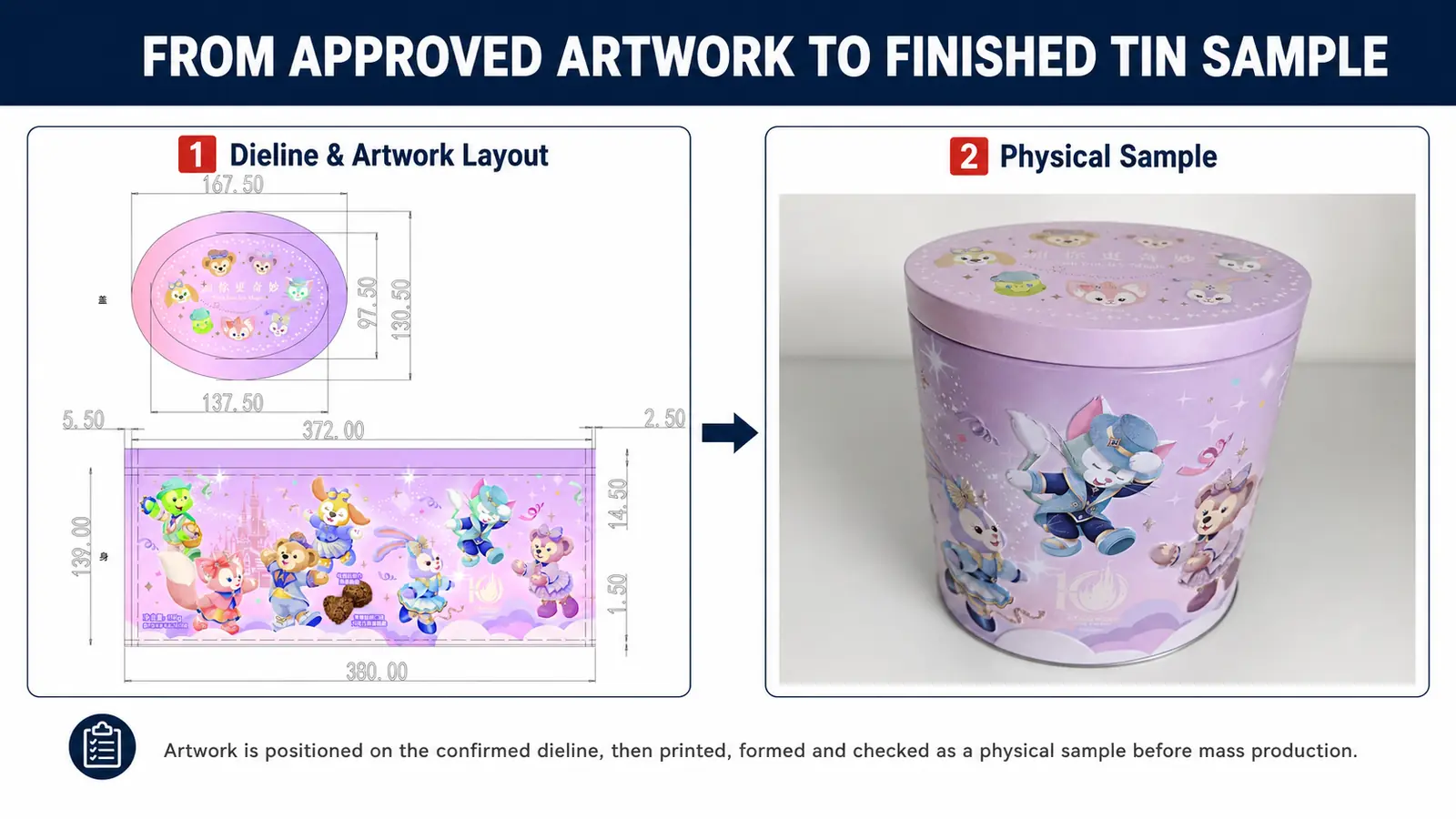 Custom tin box artwork dieline compared with the finished formed tin sample