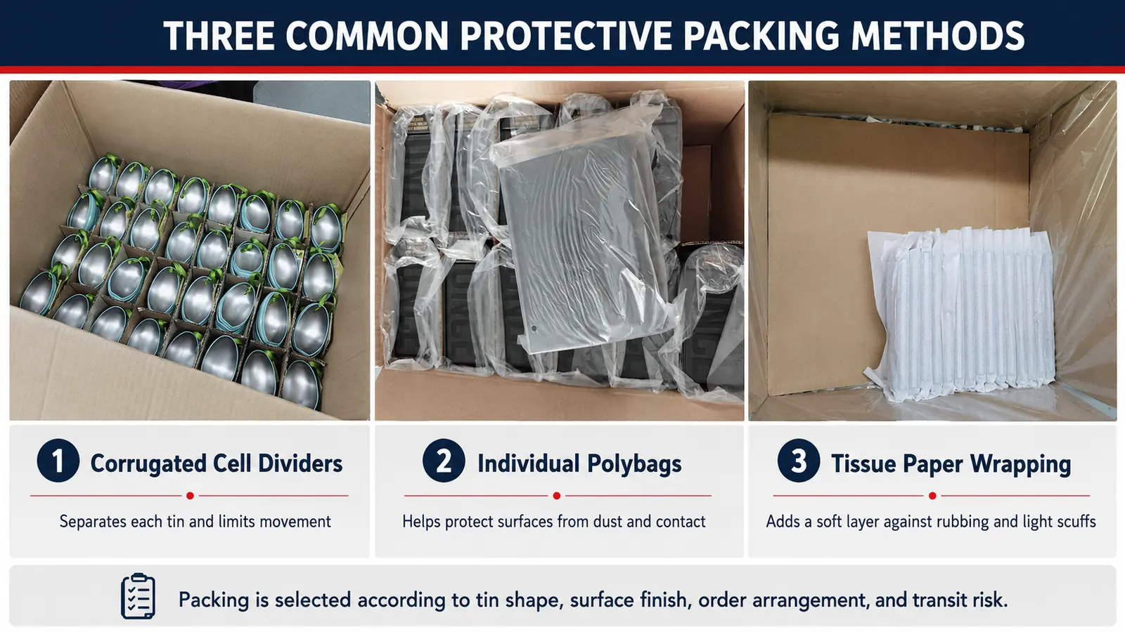 Common protective packing methods used for custom tin boxes before shipment