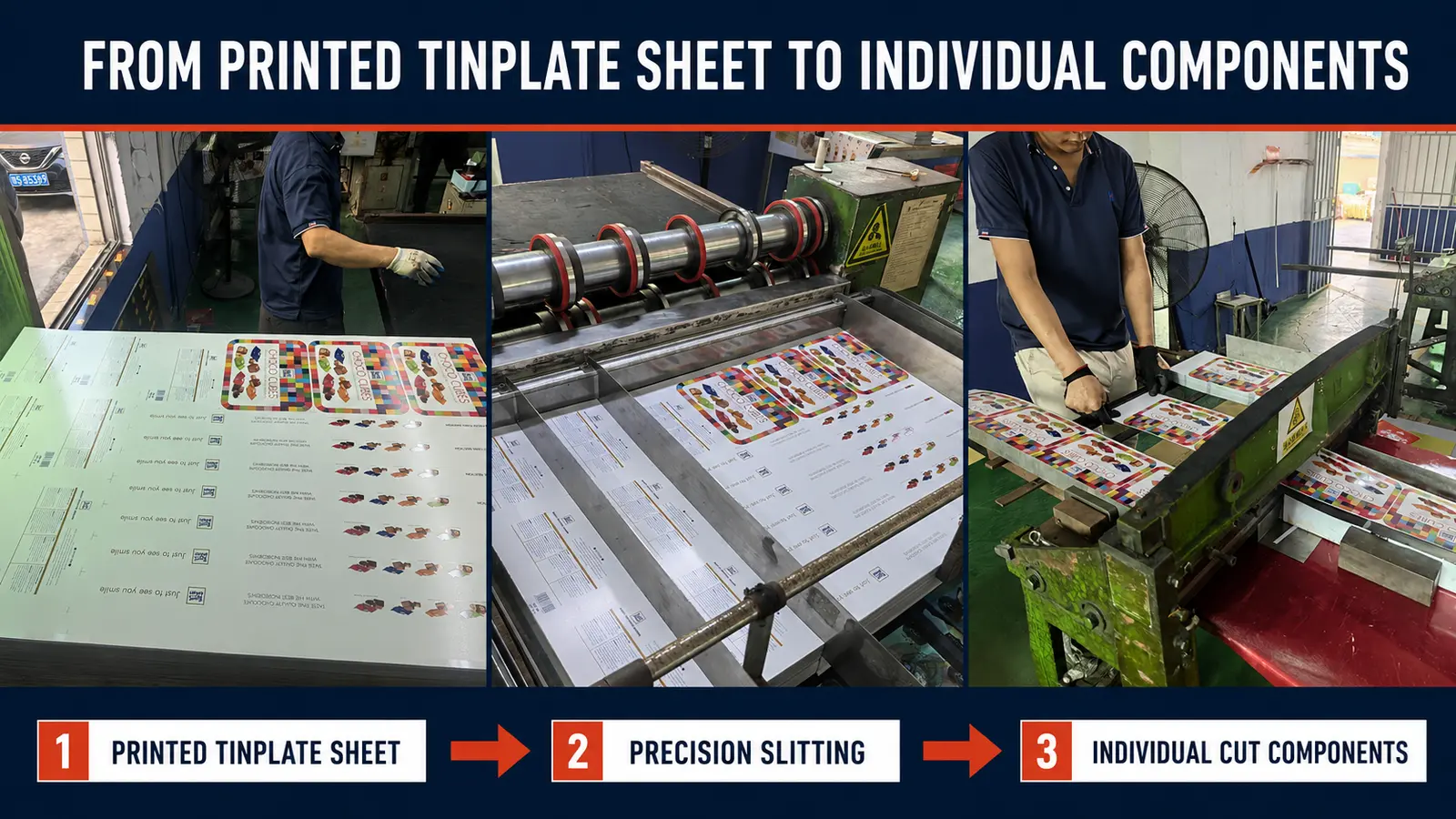 Printed tinplate sheet being precision slit into individual tin box component blanks