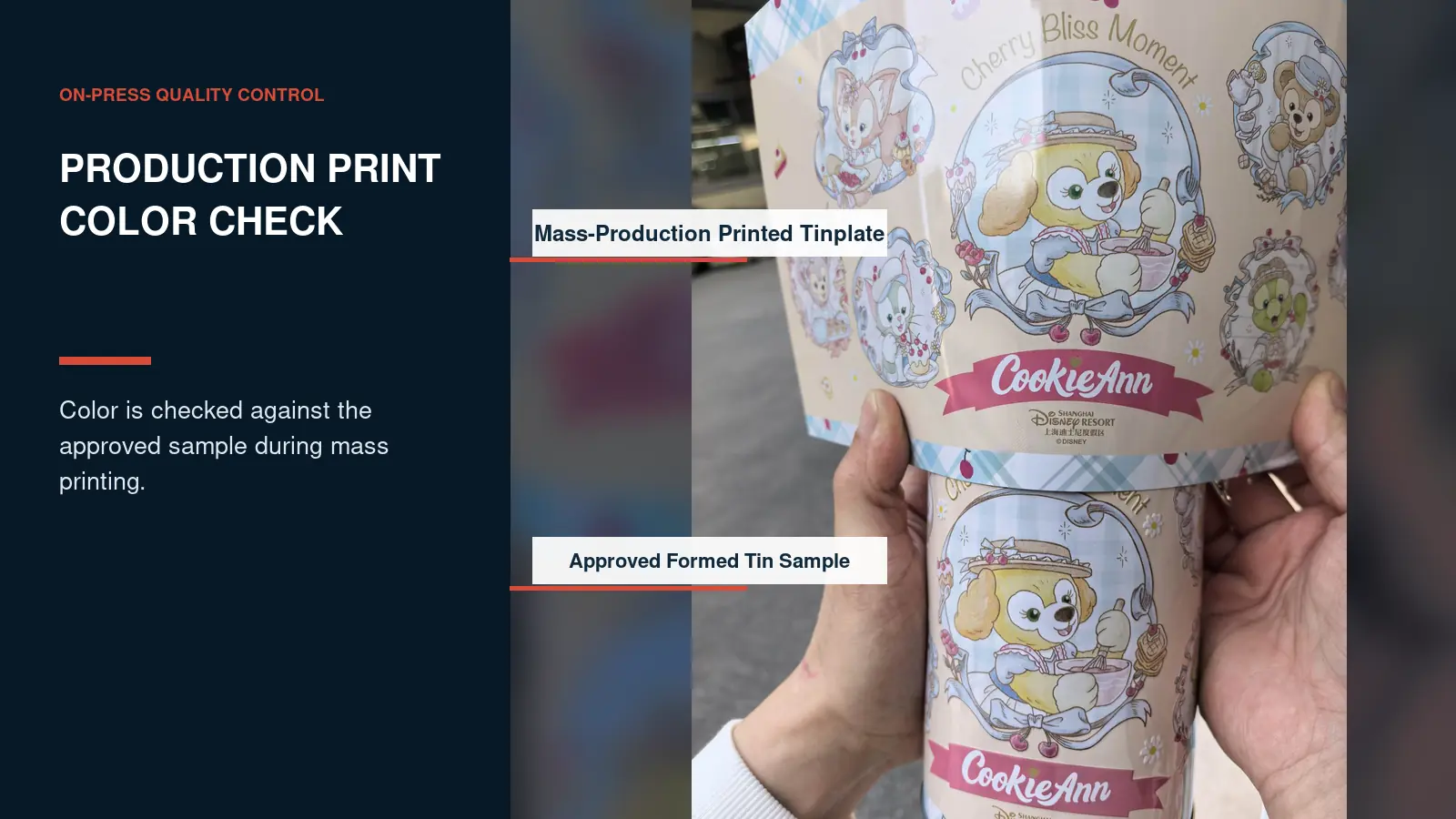 Production team checking printed tinplate color against an approved reference