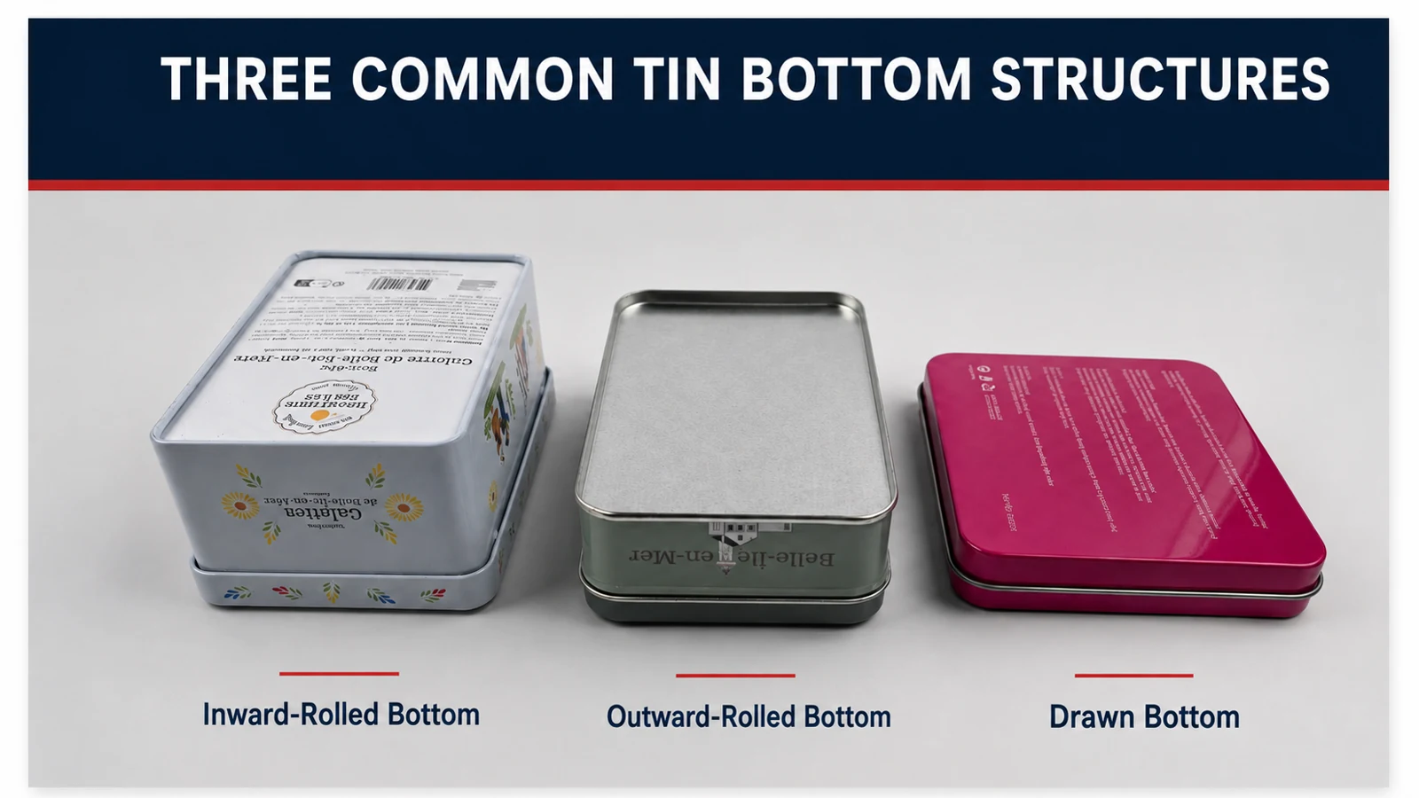 Comparison of rolled-in, seamed, and drawn tin bottom structures
