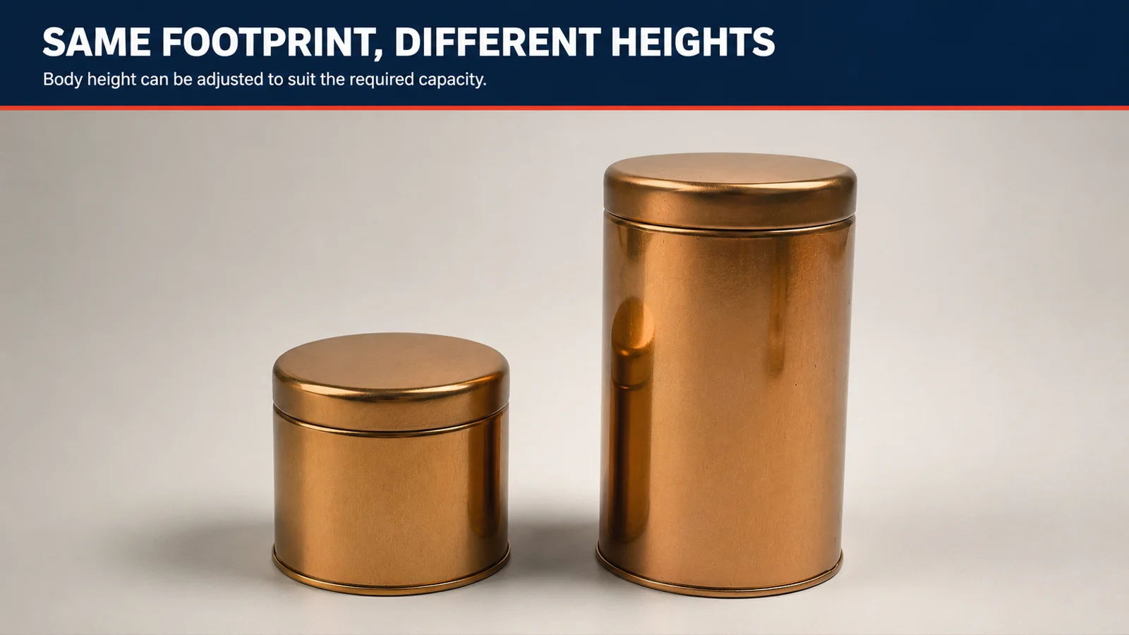 Two metal tins with the same footprint and different body heights